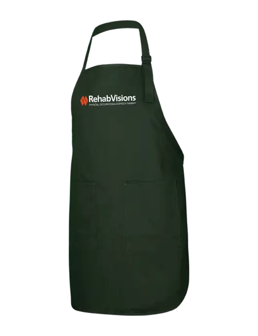 Full-Length Dark Green Apron With Pockets w/RehabVisions Logo