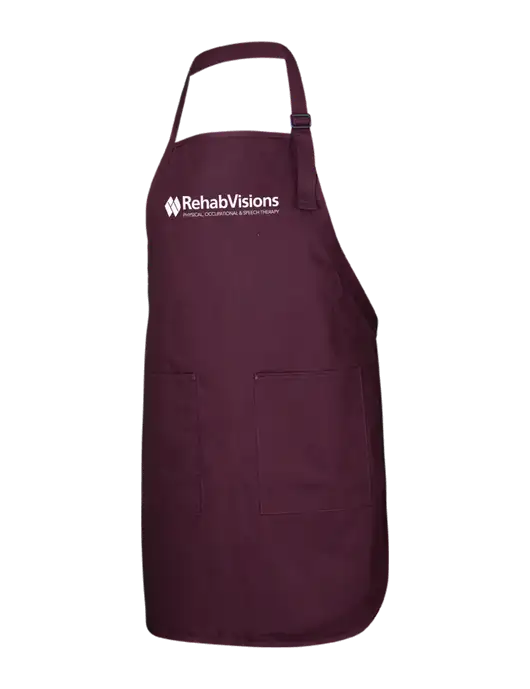 Full-Length Maroon Apron With Pockets w/RehabVisions Logo