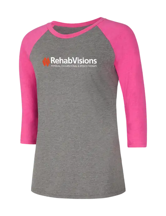 Womens Simply Soft 3/4 Sleeve Fuchsia Frost/Grey Frost Ring Spun Cotton T-Shirt w/RehabVisions Logo