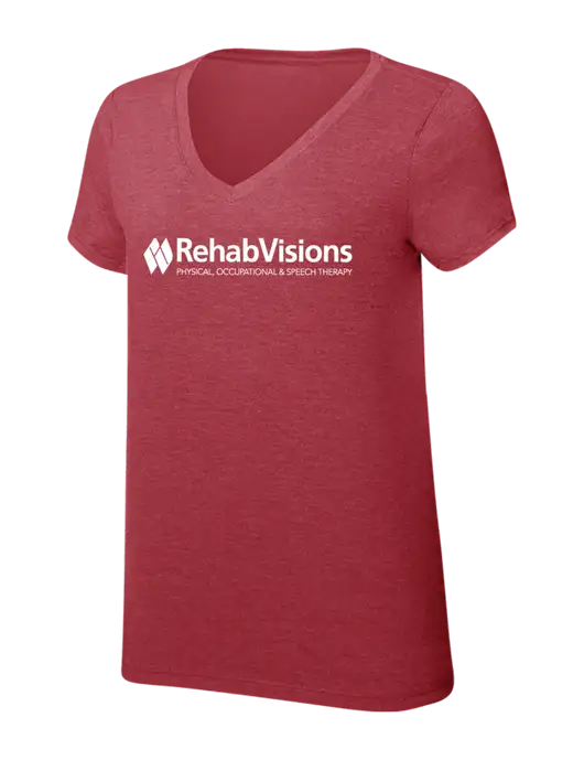 Womens Simply Soft V-Neck Red Frost 4.5oz  Poly/Combed Ring Spun Cotton T-Shirt w/RehabVisions Logo