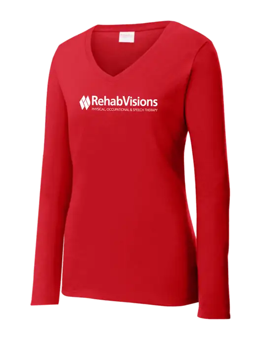Womens  V-Neck Ring Spun Bright Red 4.5 oz Long Sleeve T-Shirt w/RehabVisions Logo