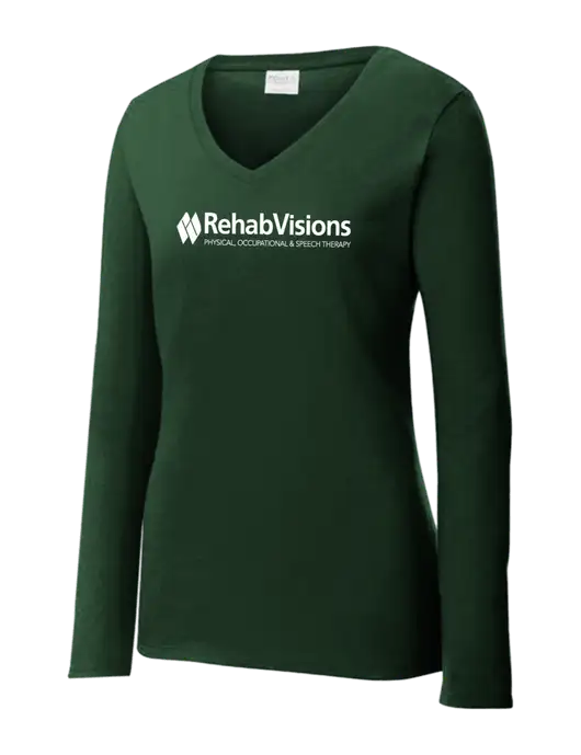Womens  V-Neck Ring Spun Forest Green 4.5 oz Long Sleeve T-Shirt w/RehabVisions Logo