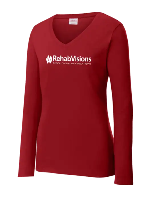 Womens V-Neck Ring Spun Cardinal 4.5 oz Long Sleeve T-Shirt w/RehabVisions Logo