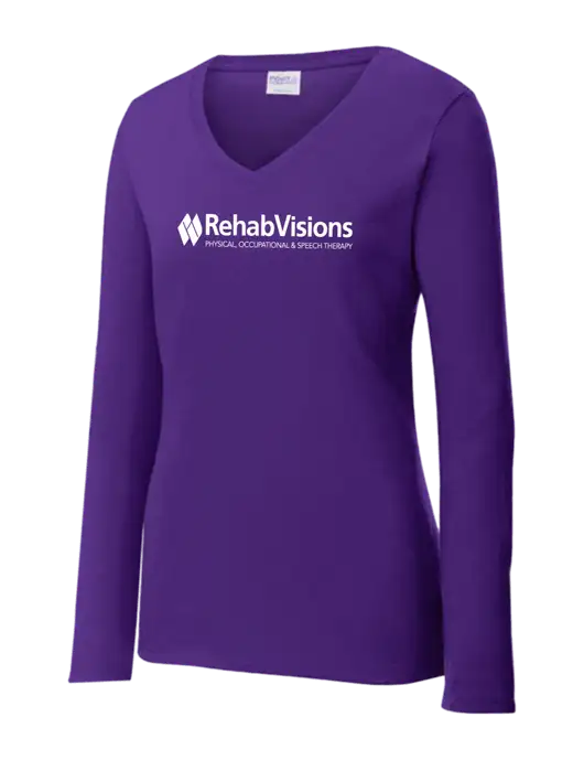 Womens  V-Neck Ring Spun Purple 4.5 oz Long Sleeve T-Shirt w/RehabVisions Logo