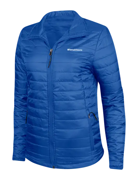 Dark Royal Blue Womens Puffy Packable Jacket w/RehabVisions Logo