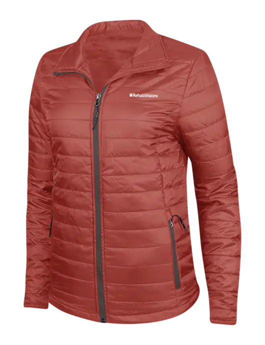 Dark Red Womens Puffy Packable Jacket w/RehabVisions Logo