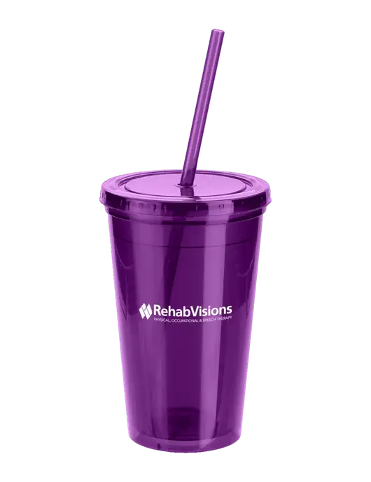 Sorrento Purple 16 oz Tumbler with Lid & Straw w/RehabVisions Logo