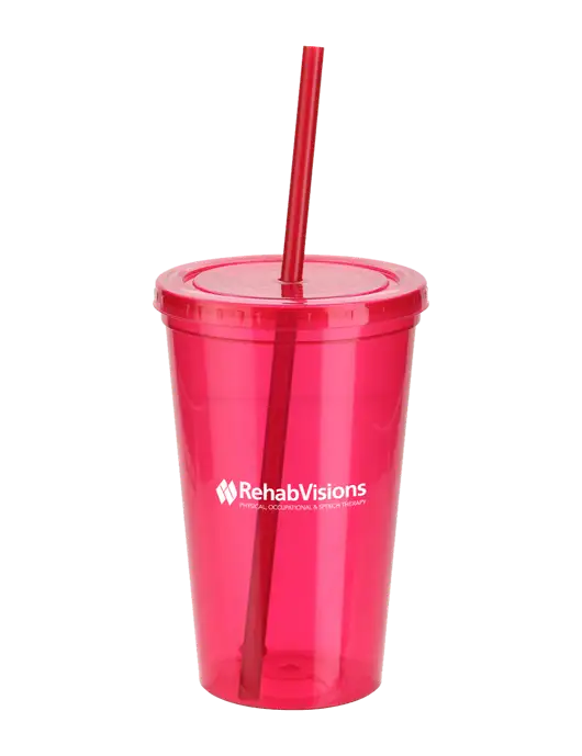 Sorrento Red 16 oz Tumbler with Lid & Straw w/RehabVisions Logo