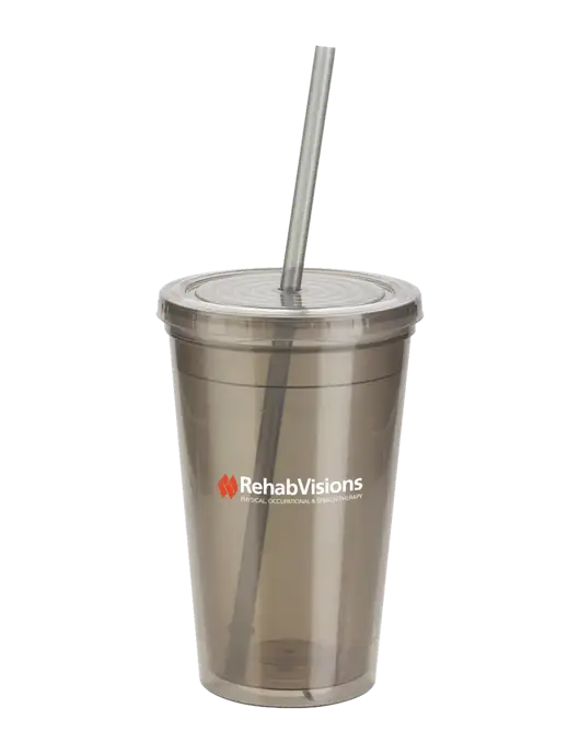 Sorrento Medium Grey 16 oz Tumbler with Lid & Straw w/RehabVisions Logo