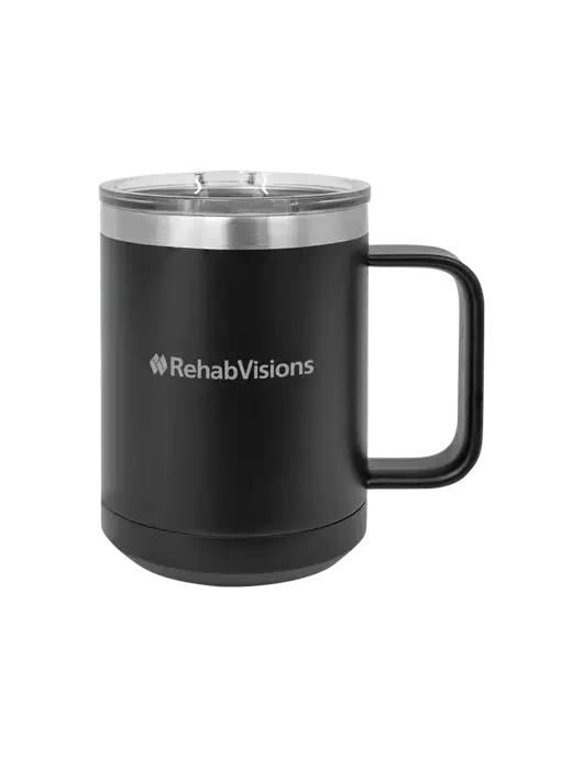 Polar Camel 15 oz Powder Coated Black Vacuum Insulated Mug with Slider Lid w/RehabVisions Logo