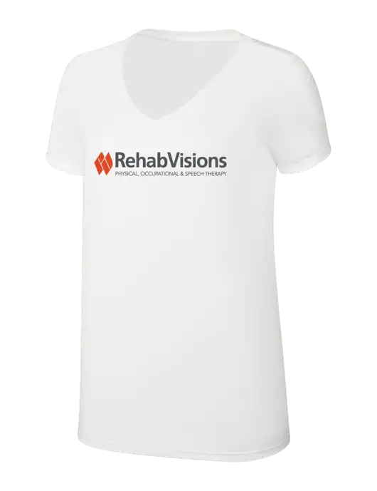Womens Simply Soft V-Neck White 4.5oz  Poly/Combed Ring Spun Cotton T-Shirt w/RehabVisions Logo