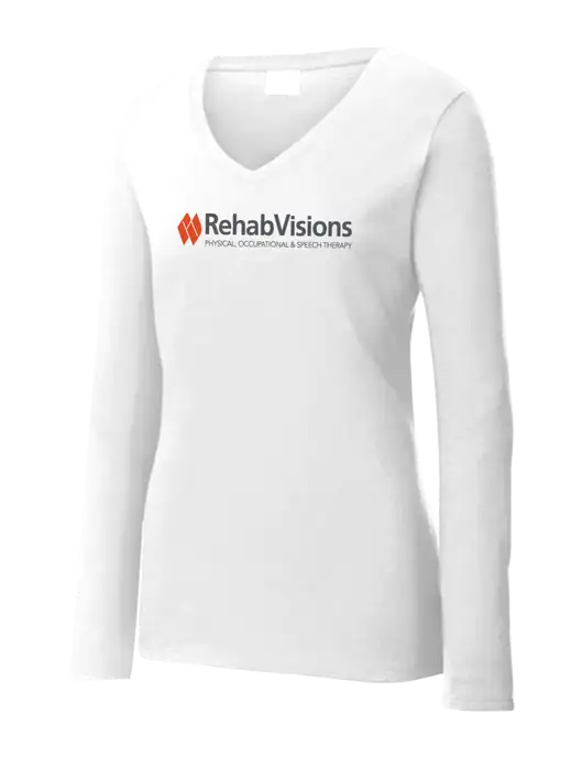 Womens  V-Neck Ring Spun White 4.5 oz Long Sleeve T-Shirt w/RehabVisions Logo