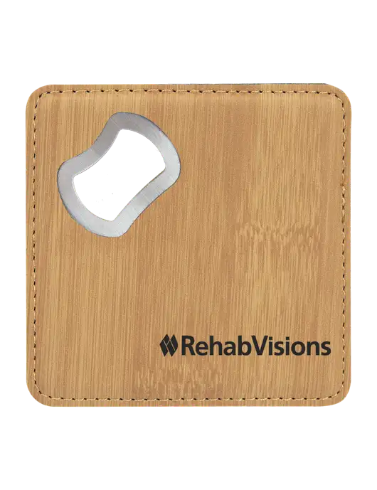 Bamboo Leatherette Coaster with Bottle Opener w/RehabVisions Logo