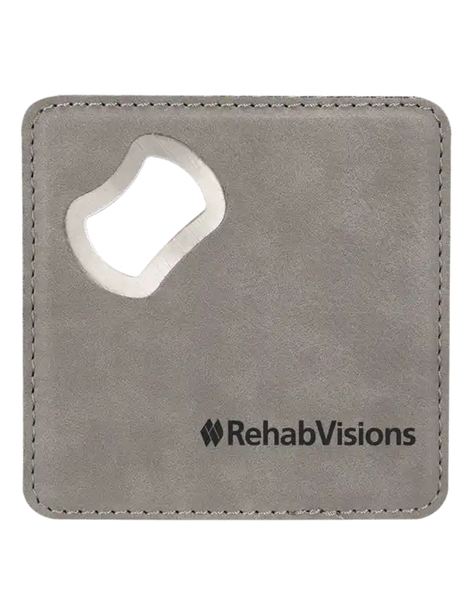 Grey Leatherette Coaster with Bottle Opener w/RehabVisions Logo