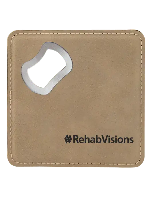 Tan Leatherette Bottle Opener Coaster w/RehabVisions Logo