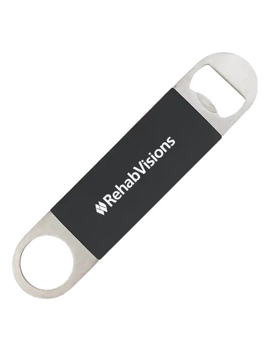 Black Bottle Opener with Silicone Grip w/RehabVisions Logo