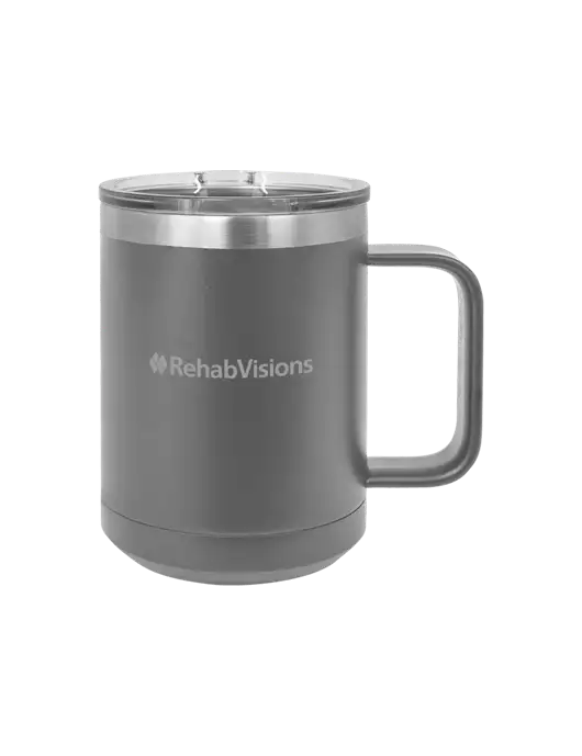 Polar Camel 15 oz Powder Coated Grey Vacuum Insulated Mug with Slider Lid w/RehabVisions Logo