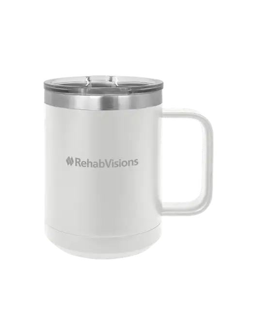 Polar Camel 15 oz Powder Coated White Vacuum Insulated Mug with Slider Lid w/RehabVisions Logo
