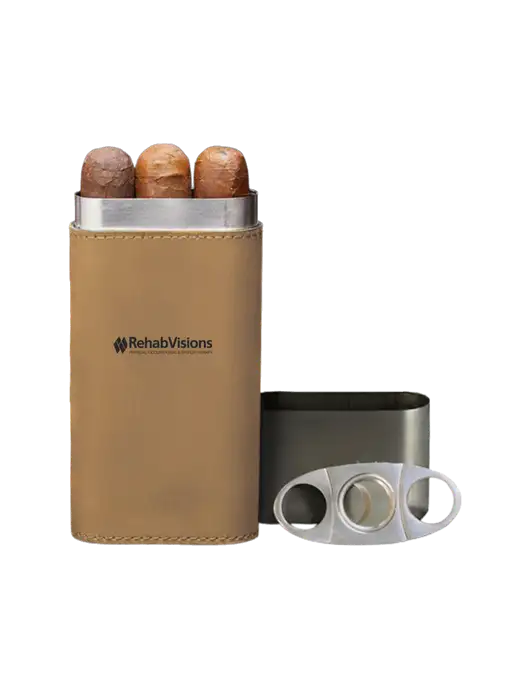 Tan Leatherette Cigar Case with Cutter w/RehabVisions Logo