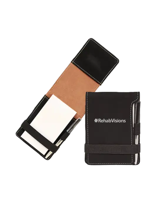 Black Leatherette Mini Notepad with Pen,  3.25 x 4.75 w/RehabVisions Logo