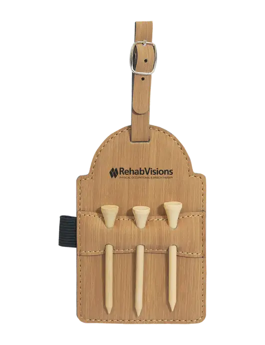 Bamboo Leatherette Golf Bag Tag with 3 Wooden Tees w/RehabVisions Logo