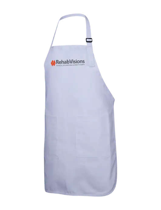 Full-Length White Apron With Pockets w/RehabVisions Logo